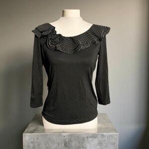 Ralph Lauren Elegant Black Ruffled Blouse with 3/4 Sleeves PM GUC